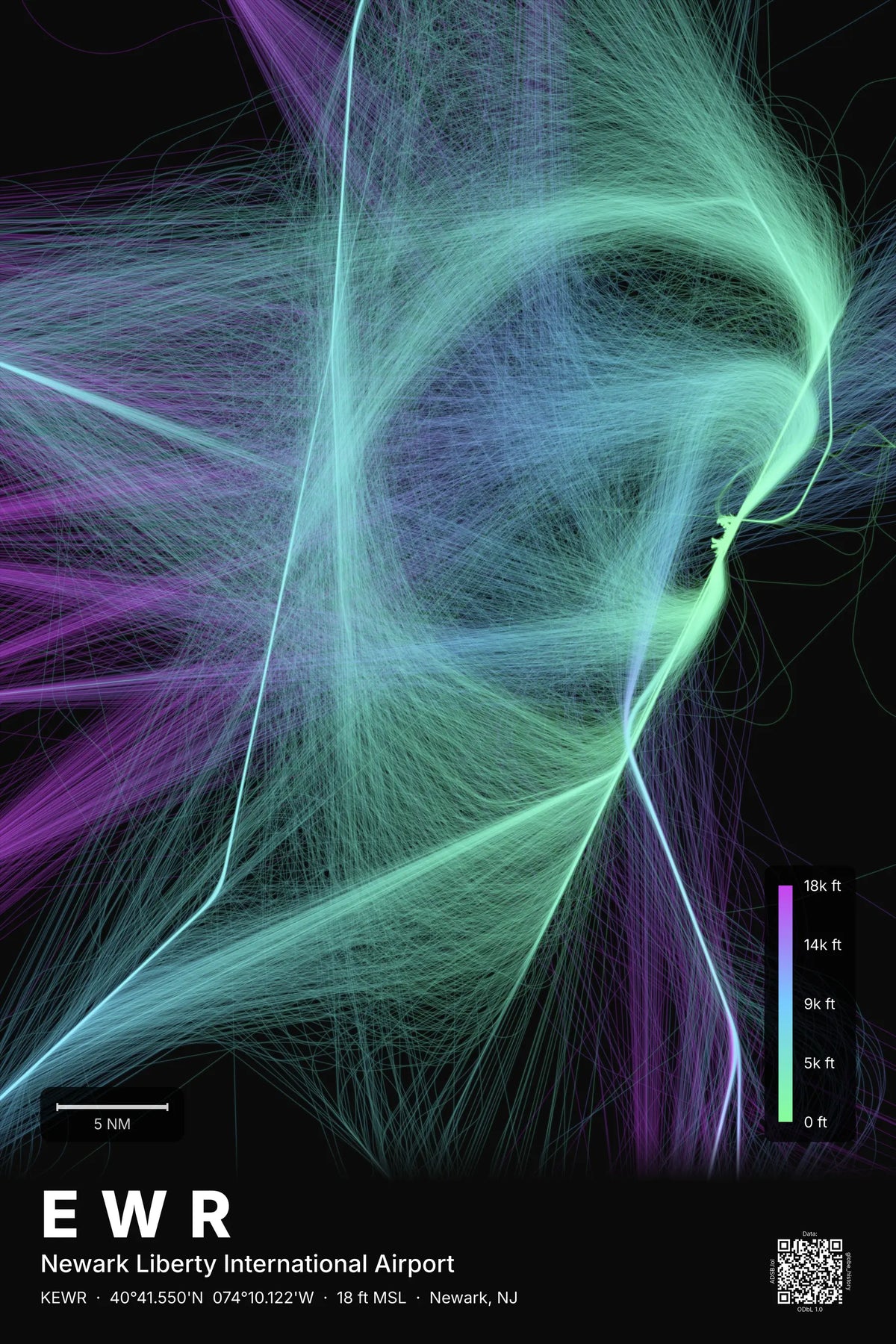 EWR flight path print — Prism theme · Dark