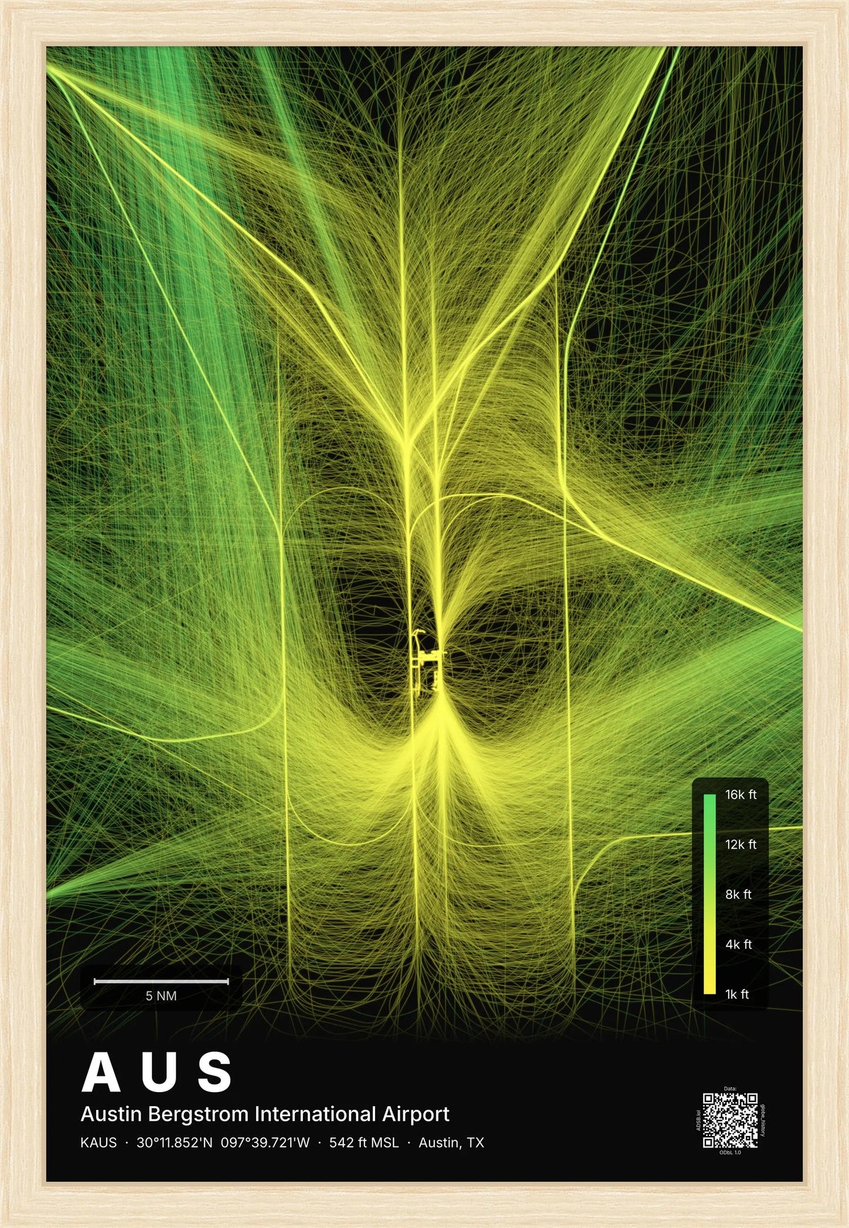 AUS flight path print — Citrus theme · Dark [material:framed_natural]