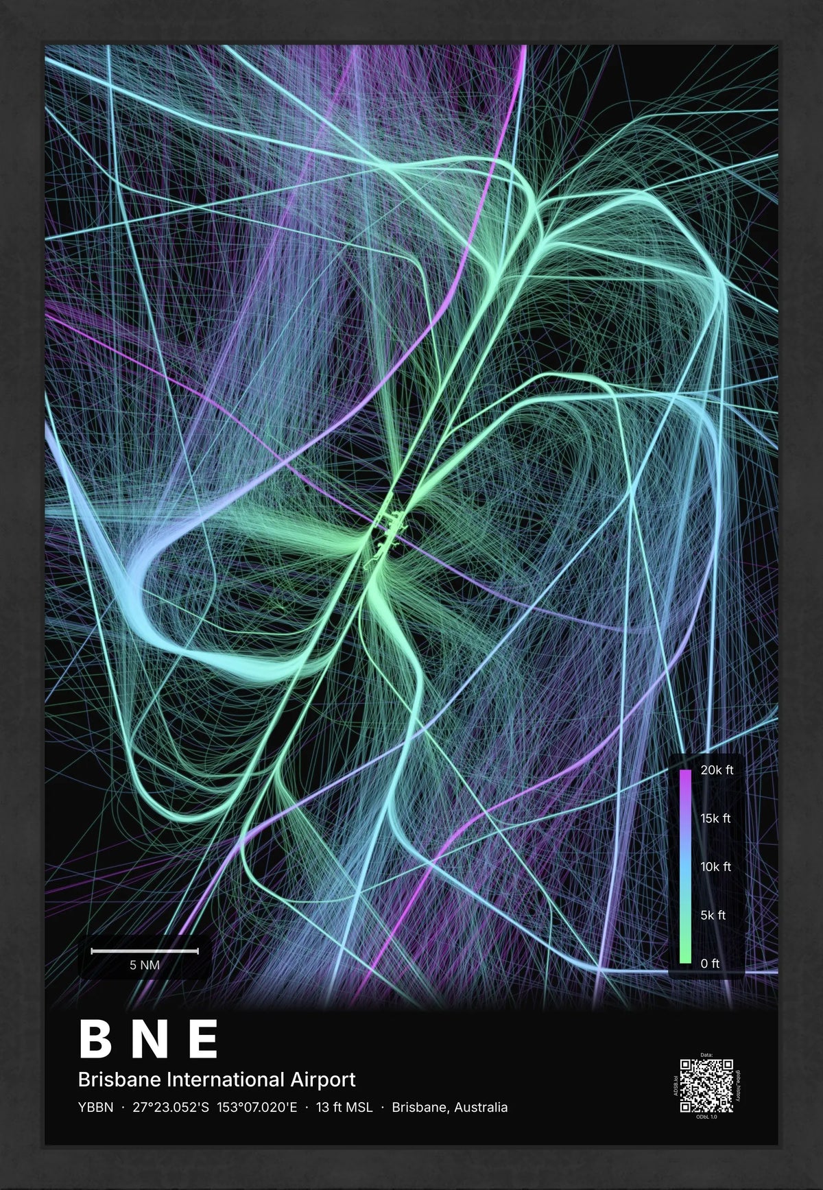 BNE flight path map — Prism theme · Dark [material:framed_black]