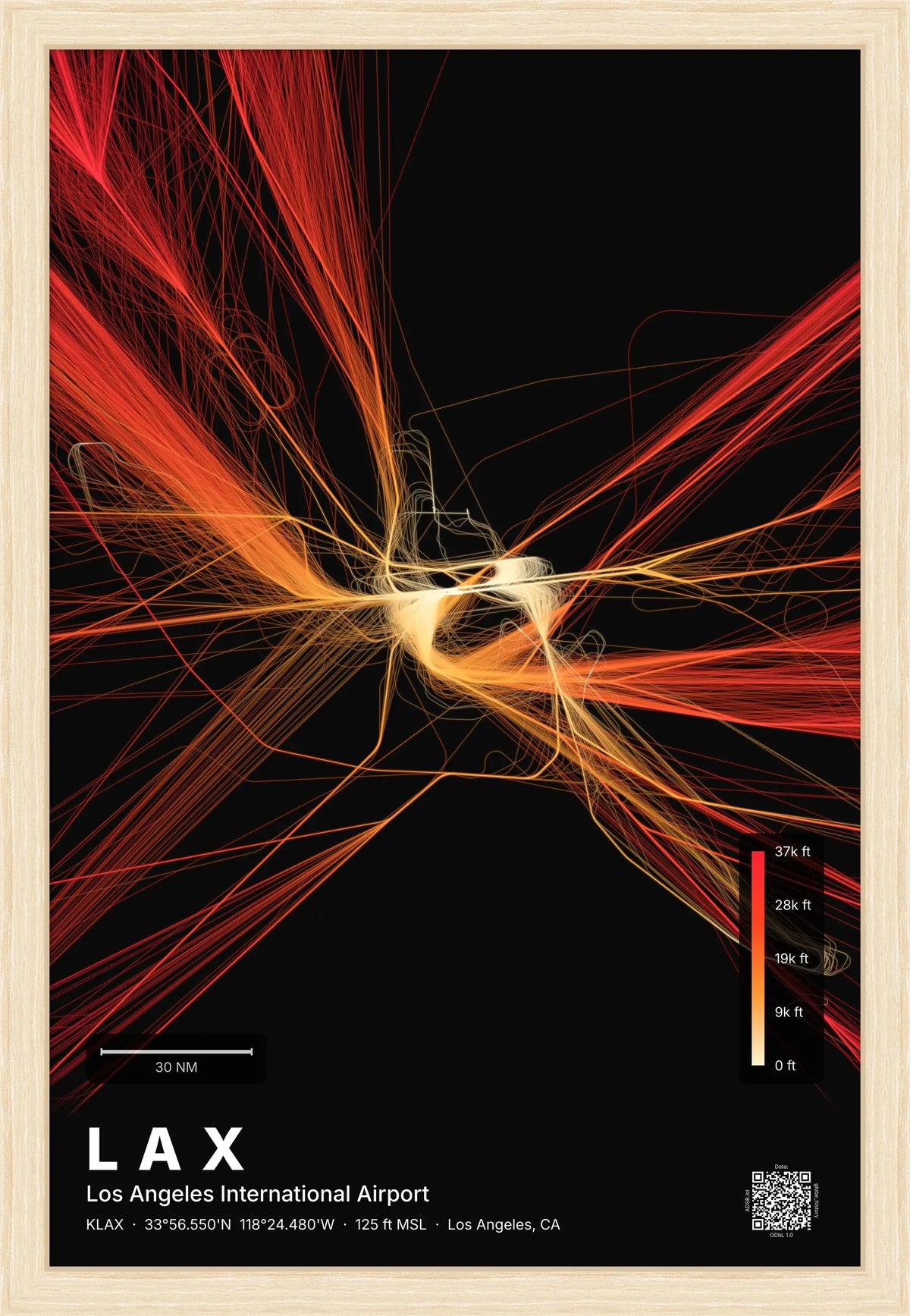LAX flight path print — Inferno theme · Dark [material:framed_natural]