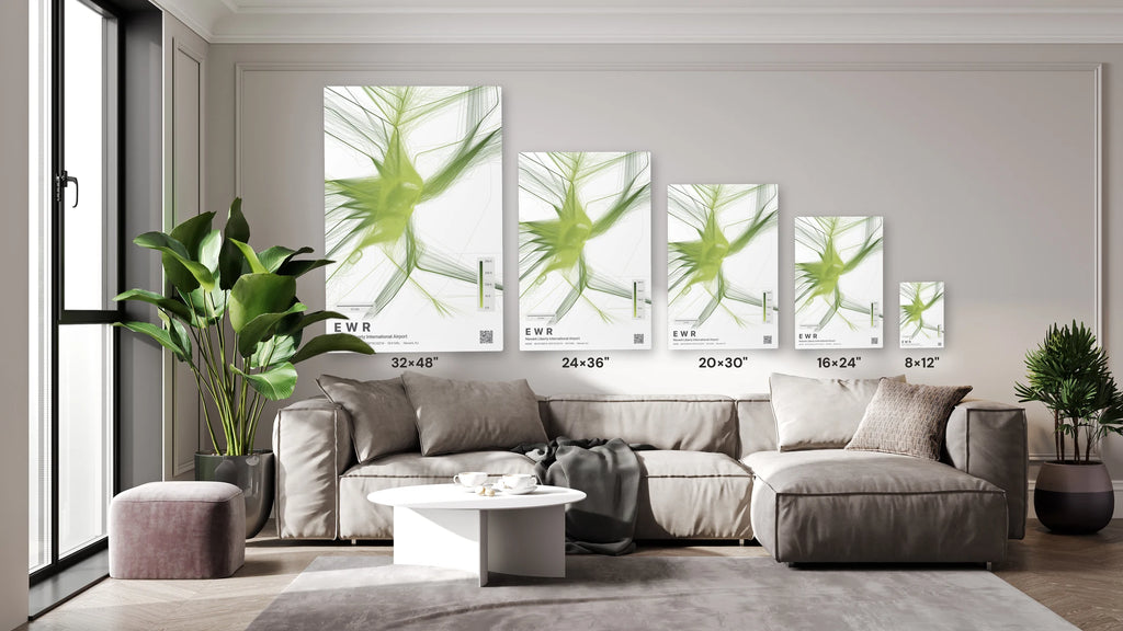 EWR flight path print — Citrus theme · Light size guide