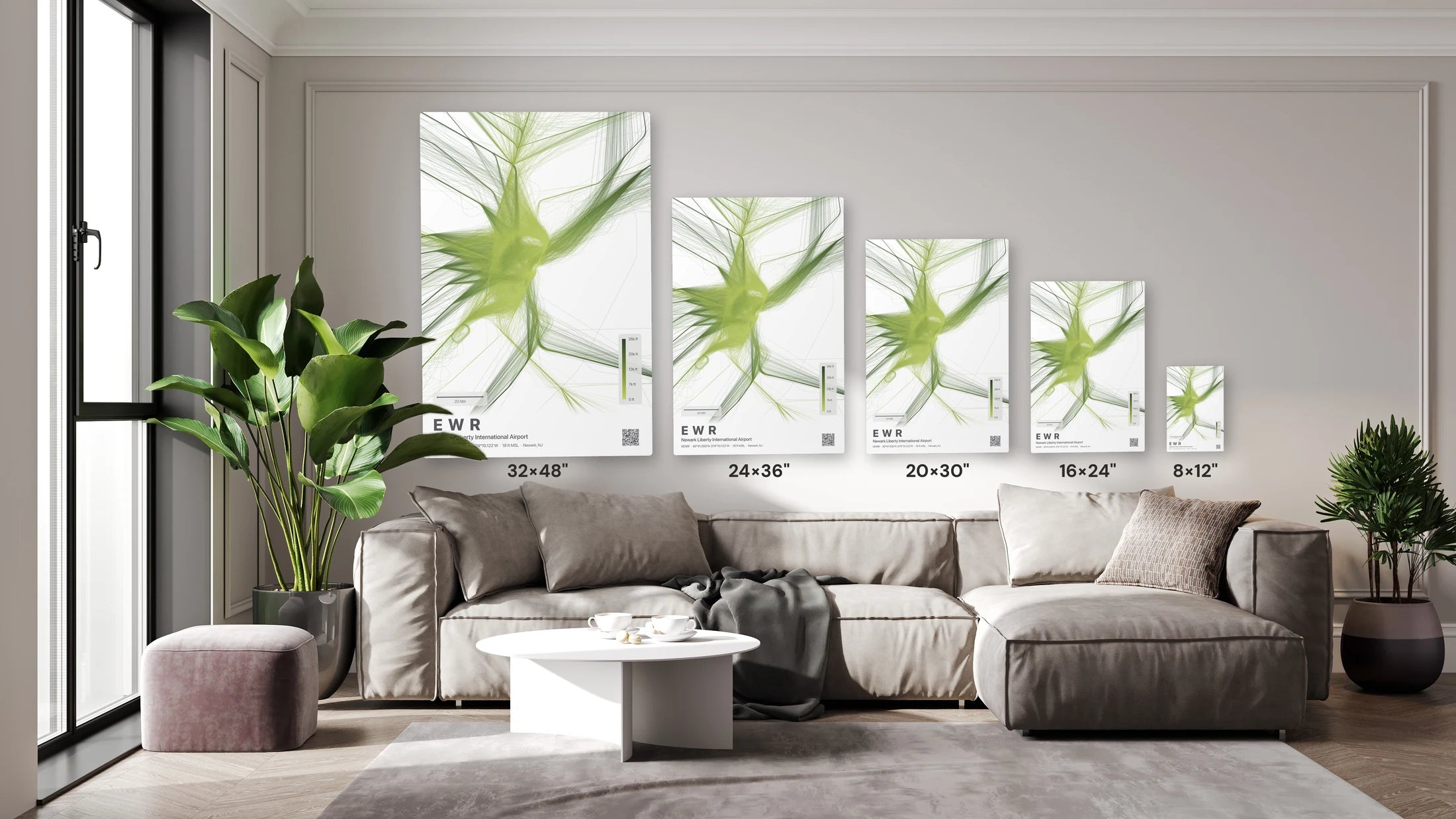 EWR flight path print — Citrus theme · Light size guide