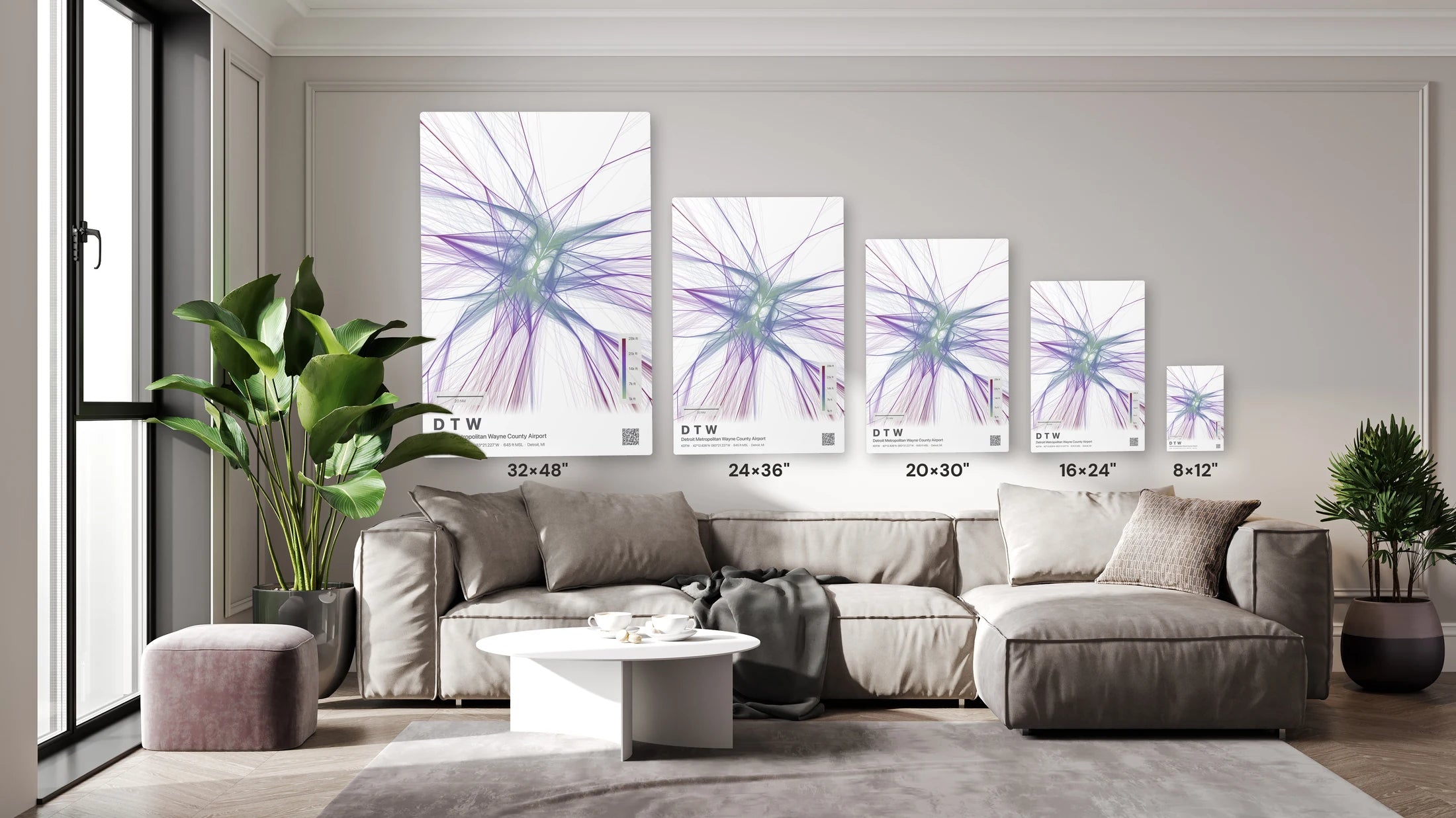 DTW flight path print — Prism theme · Light size guide