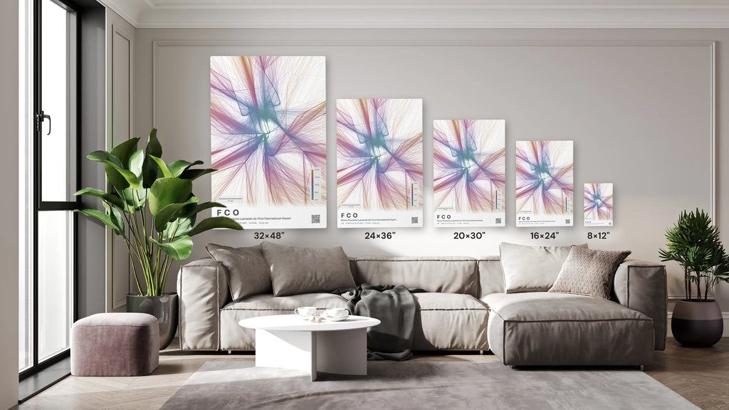 FCO flight path print — Aurora theme · Light size guide