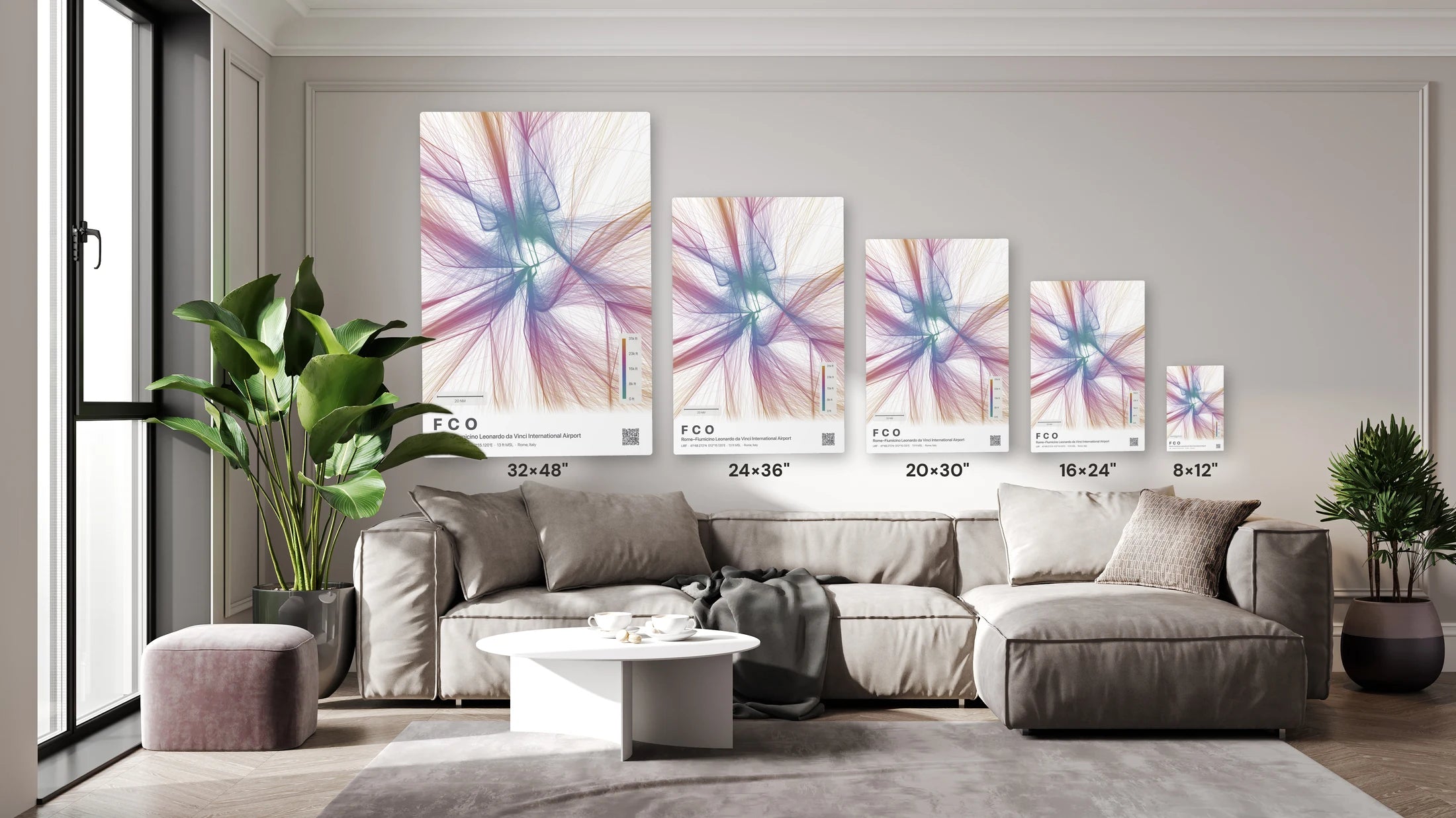 FCO flight path print — Aurora theme · Light size guide