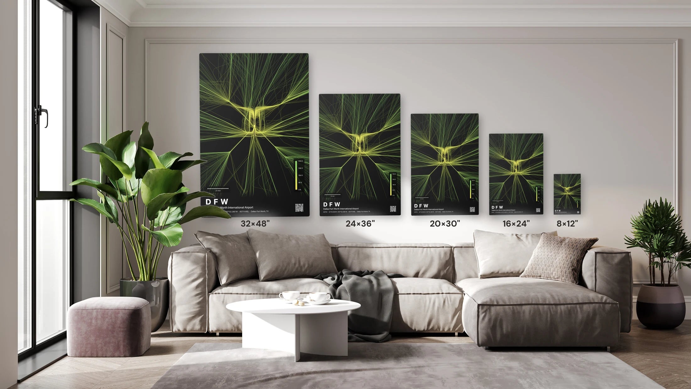 DFW flight path print — Citrus theme · Dark size guide