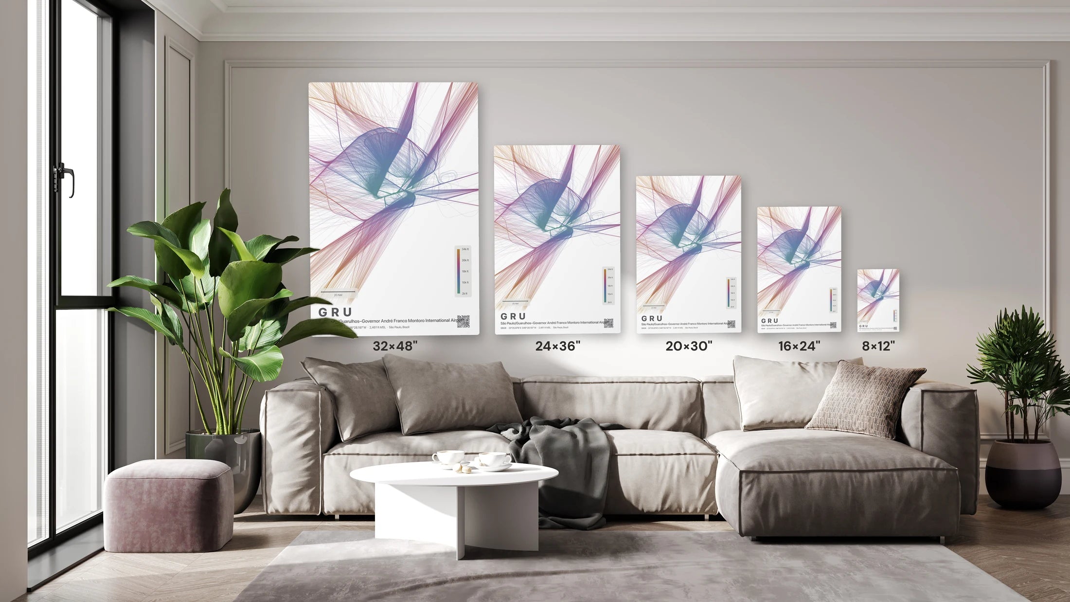 GRU flight path print — Aurora theme · Light size guide