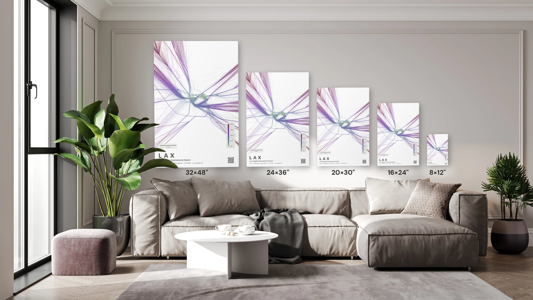LAX flight path print — Prism theme · Light size guide
