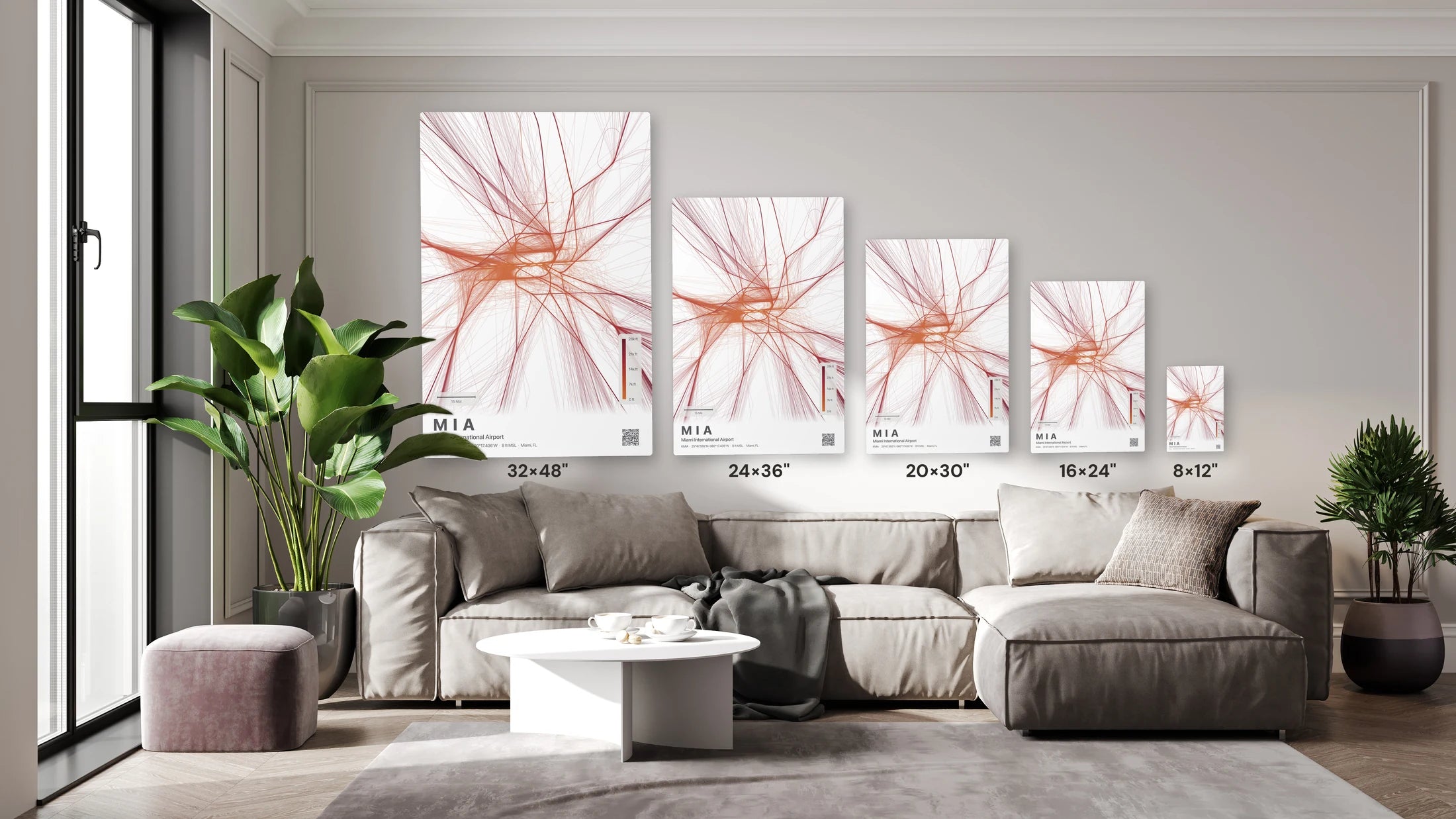 MIA flight path print — Inferno theme · Light size guide