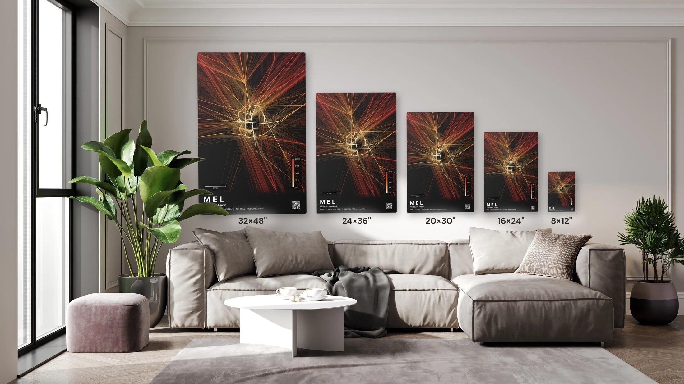 MEL flight path print — Inferno theme · Dark size guide