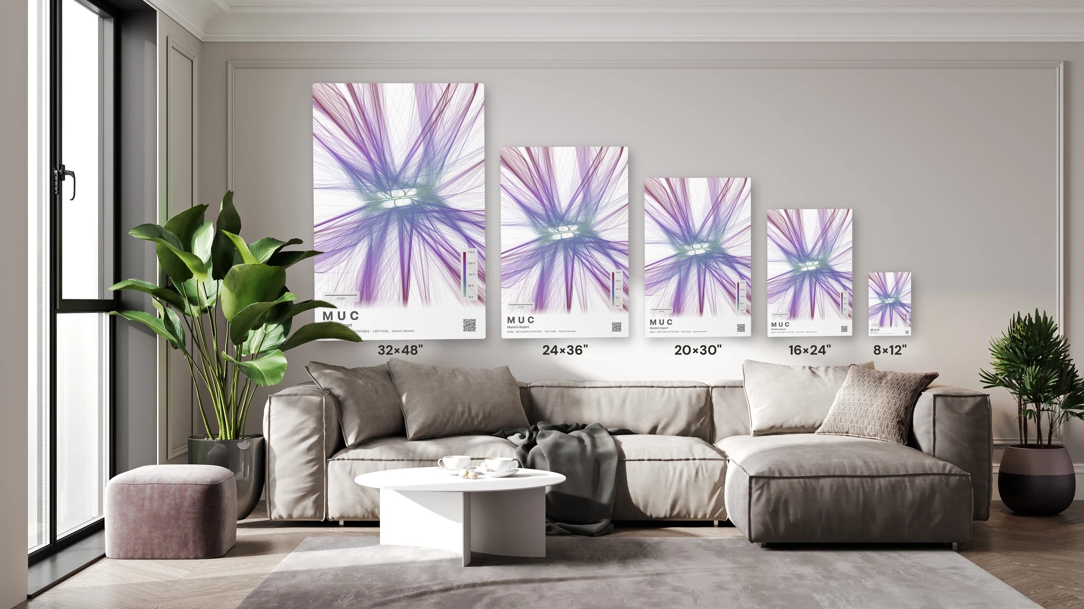 MUC flight path print — Prism theme · Light size guide