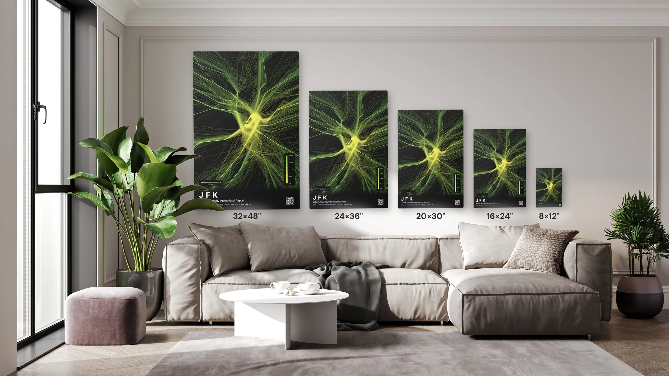 JFK flight path print — Citrus theme · Dark size guide