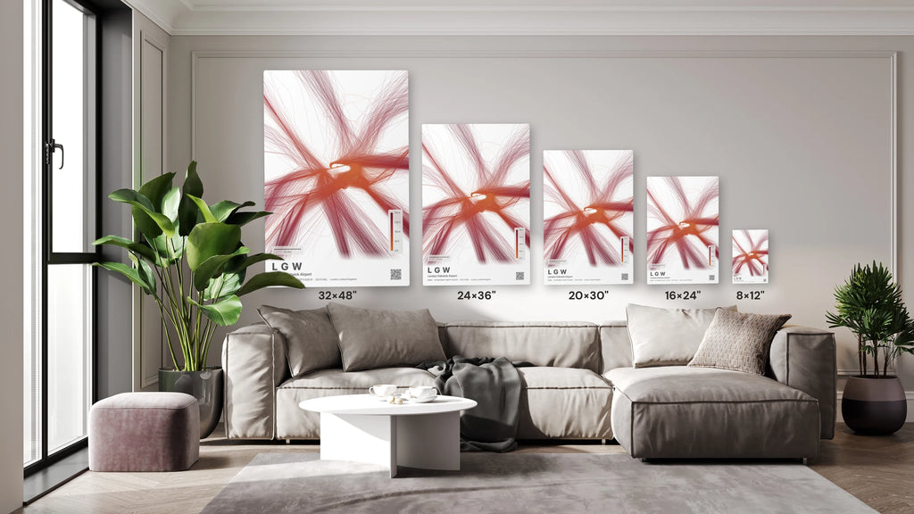 LGW flight path print — Inferno theme · Light size guide