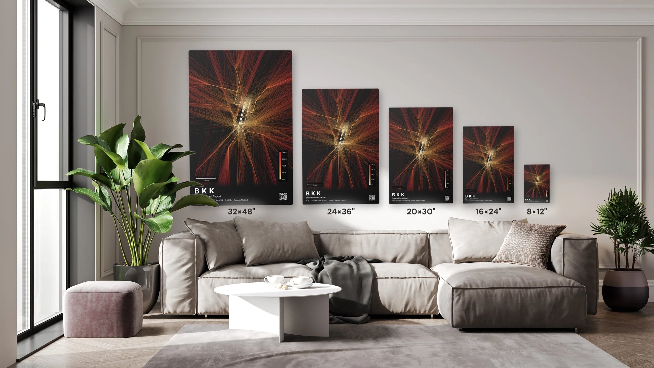 BKK flight path print — Inferno theme · Dark size guide
