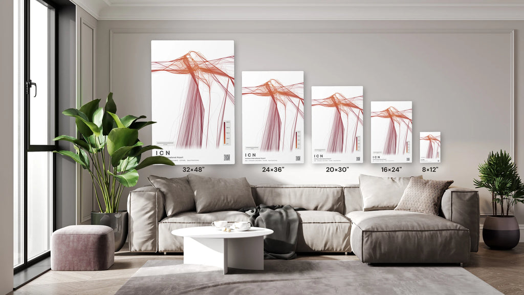 ICN flight path print — Inferno theme · Light size guide