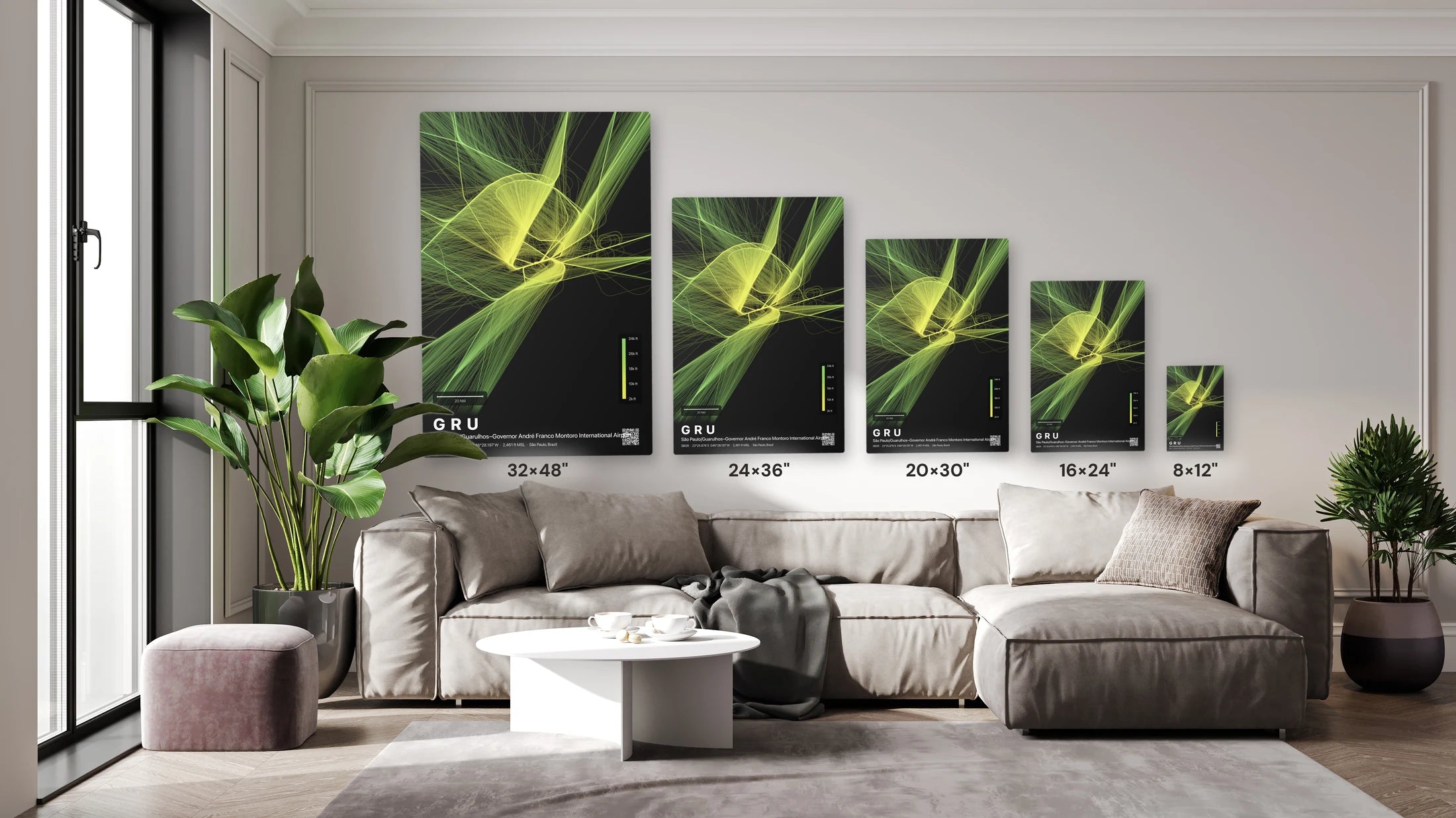 GRU flight path print — Citrus theme · Dark size guide