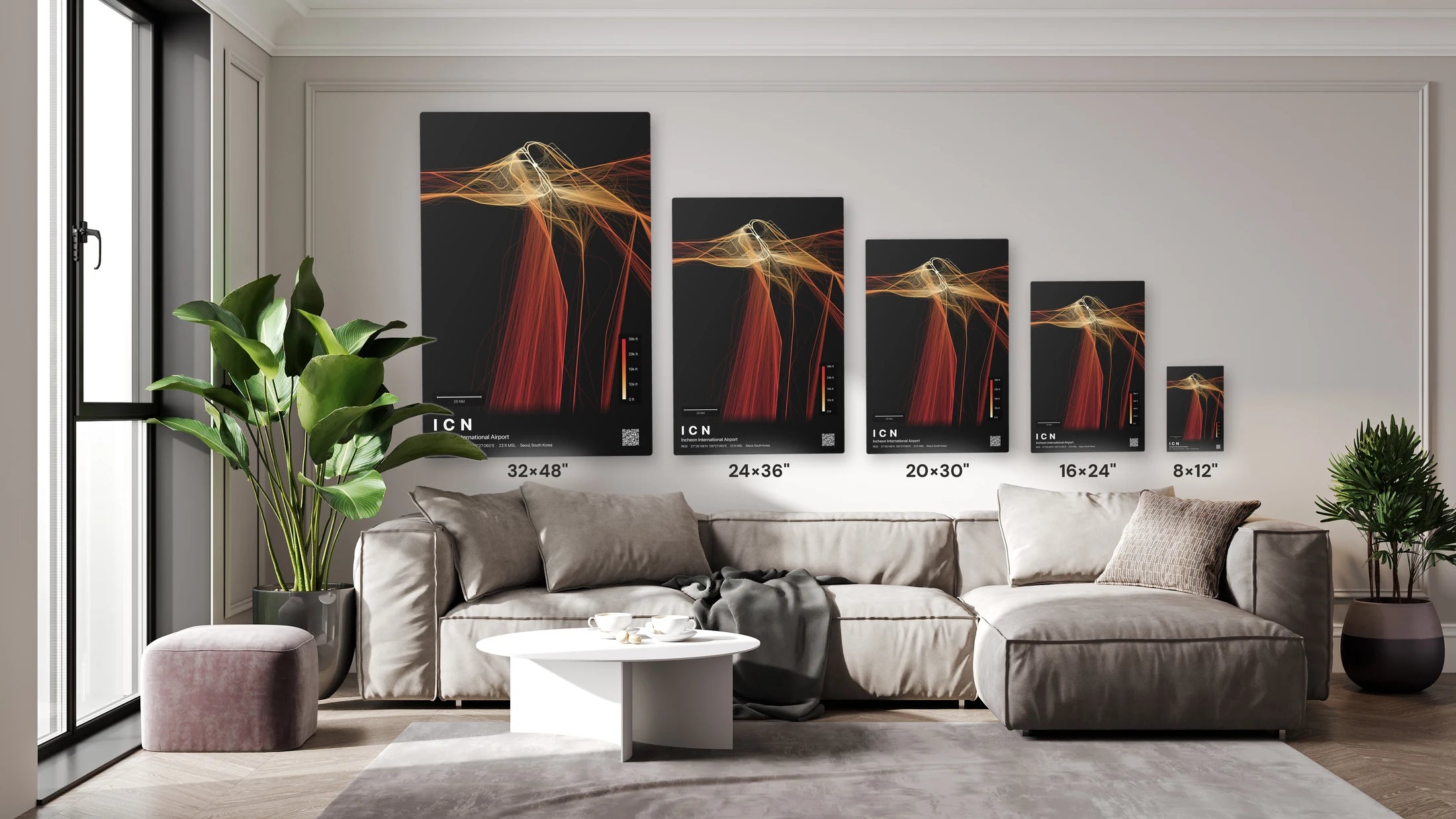 ICN flight path print — Inferno theme · Dark size guide