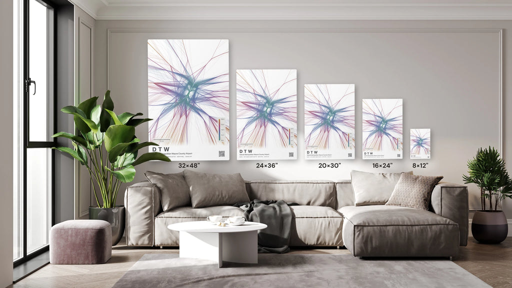 DTW flight path print — Aurora theme · Light size guide