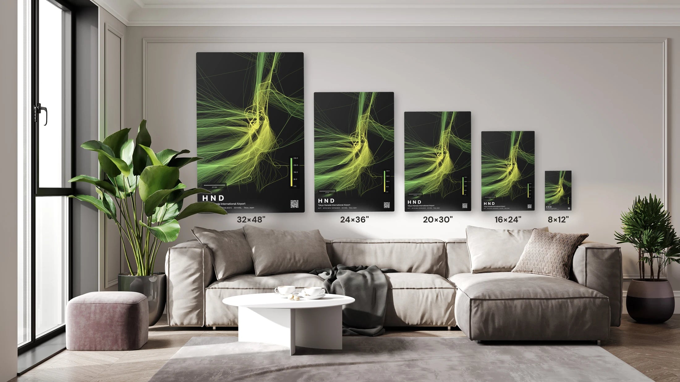 HND flight path print — Citrus theme · Dark size guide