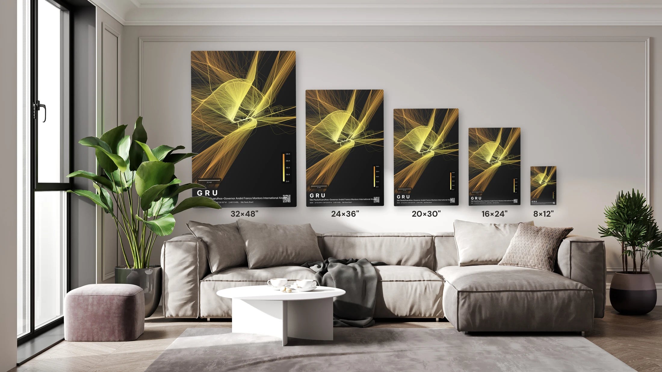 GRU flight path print — Solana theme · Dark size guide
