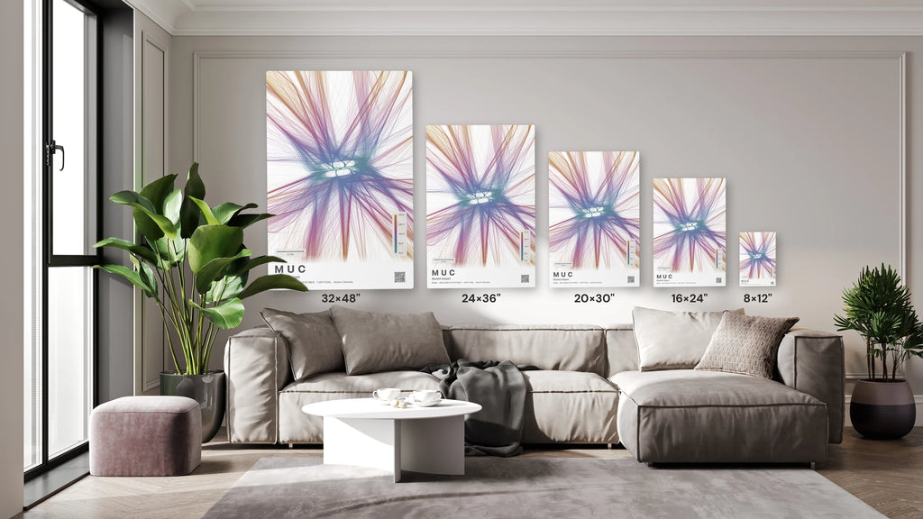 MUC flight path print — Aurora theme · Light size guide