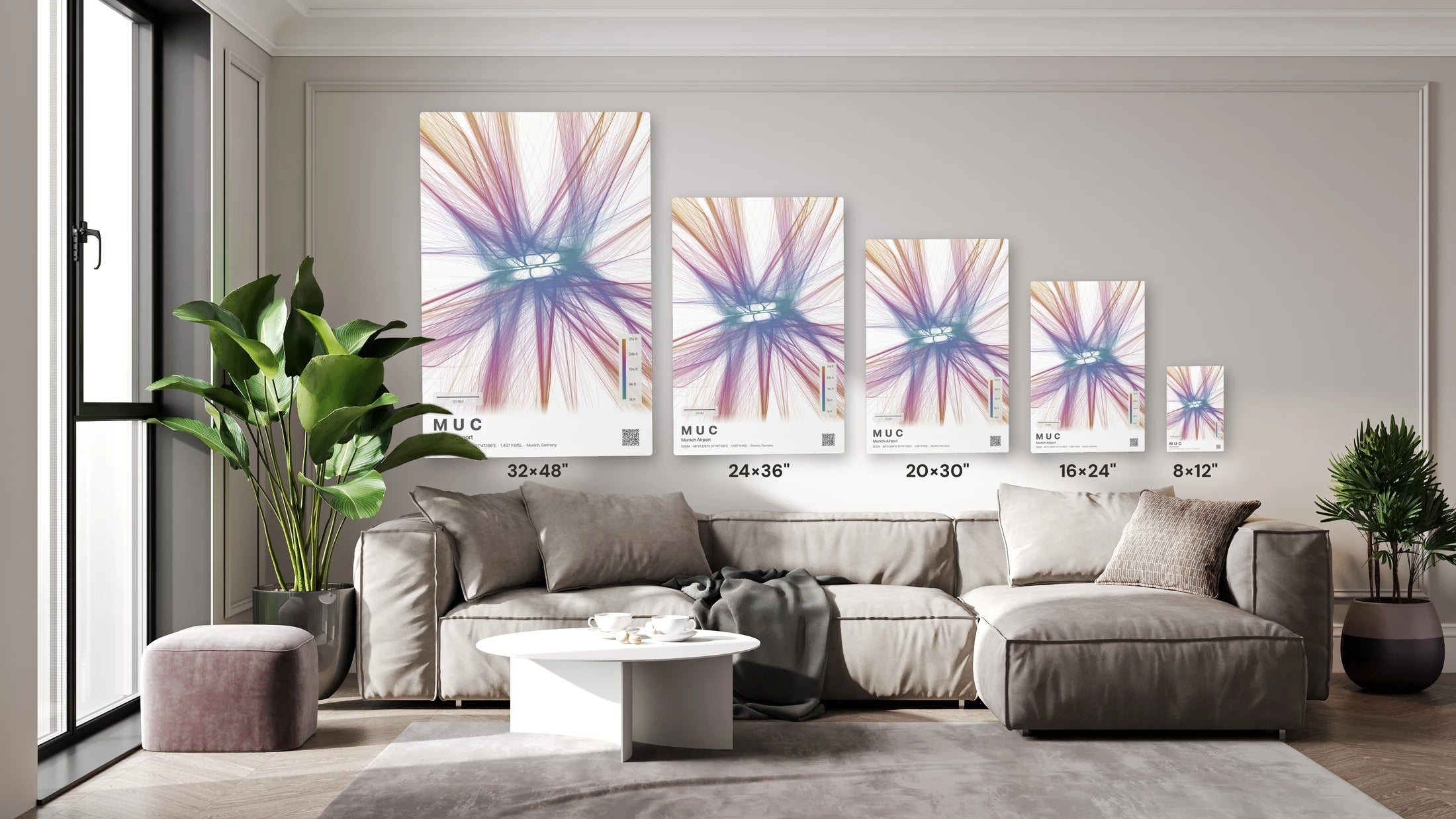 MUC flight path print — Aurora theme · Light size guide