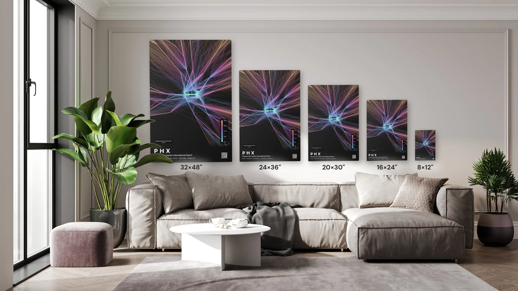 PHX flight path print — Aurora theme · Dark size guide