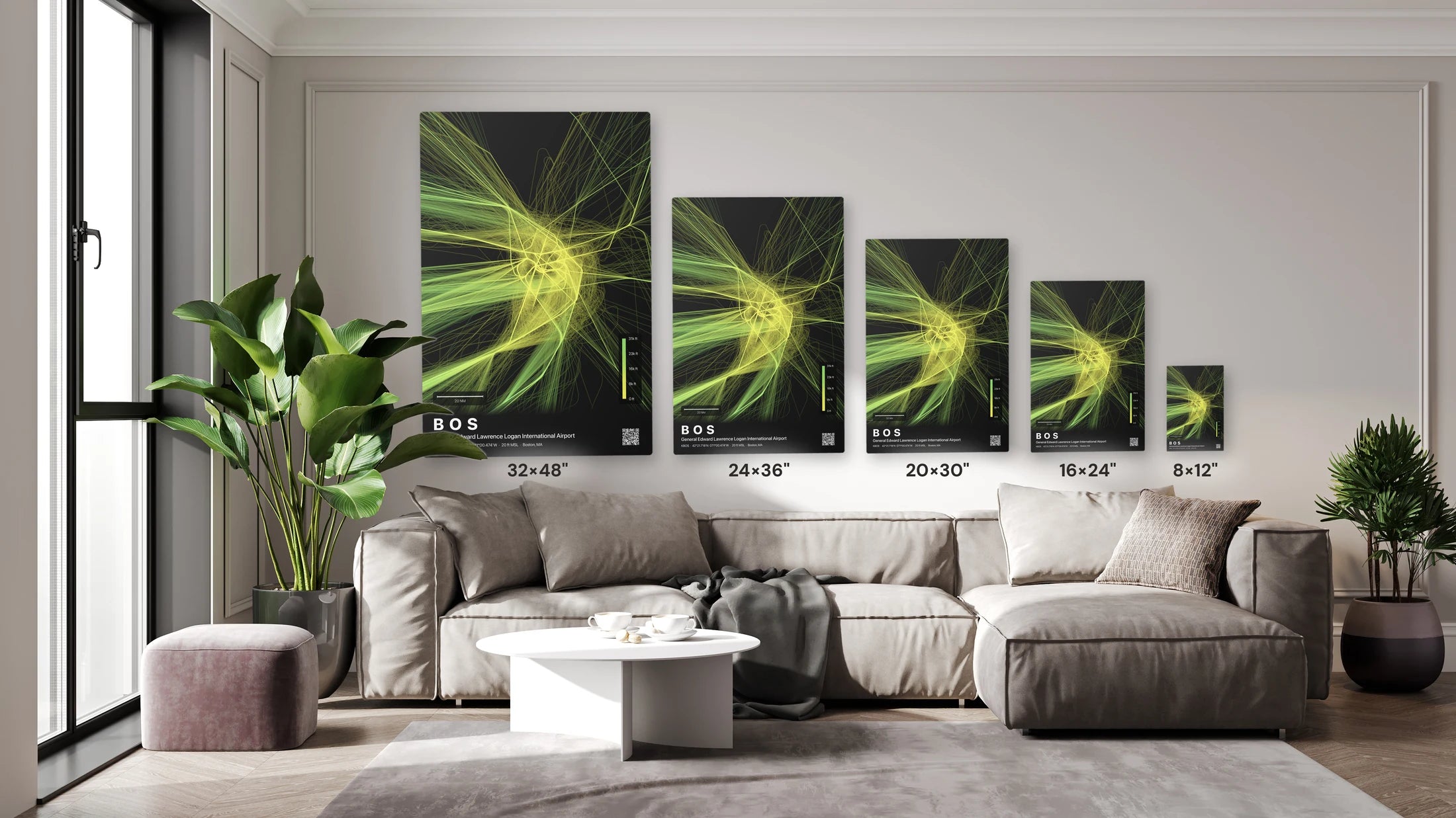 BOS flight path print — Citrus theme · Dark size guide