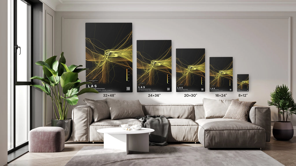 LAS flight path print — Solana theme · Dark size guide
