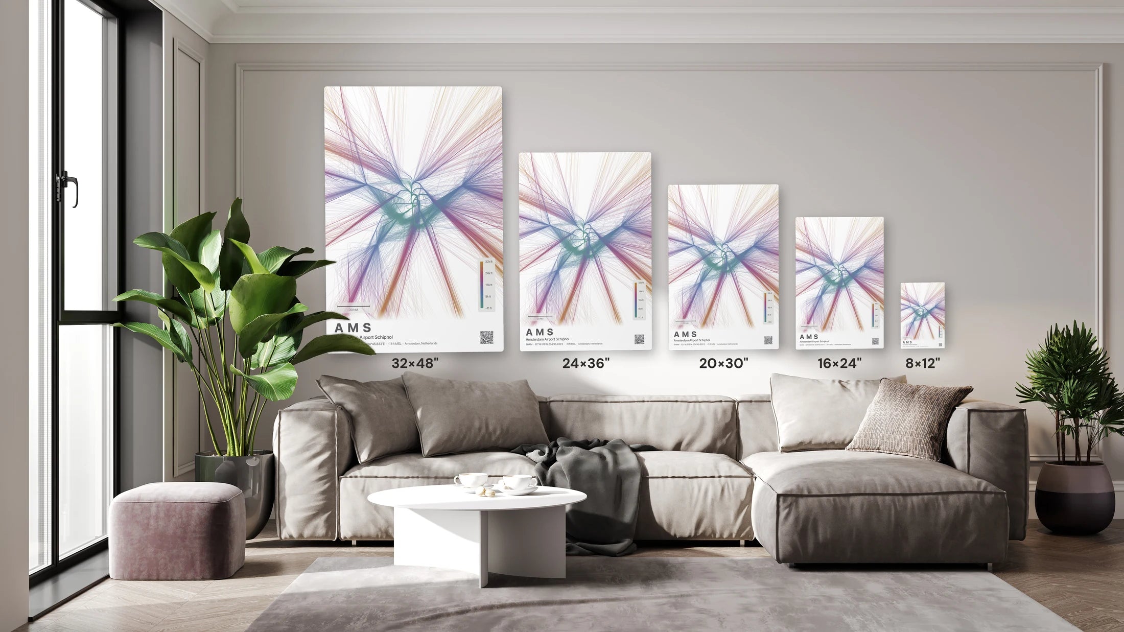 AMS flight path print — Aurora theme · Light size guide