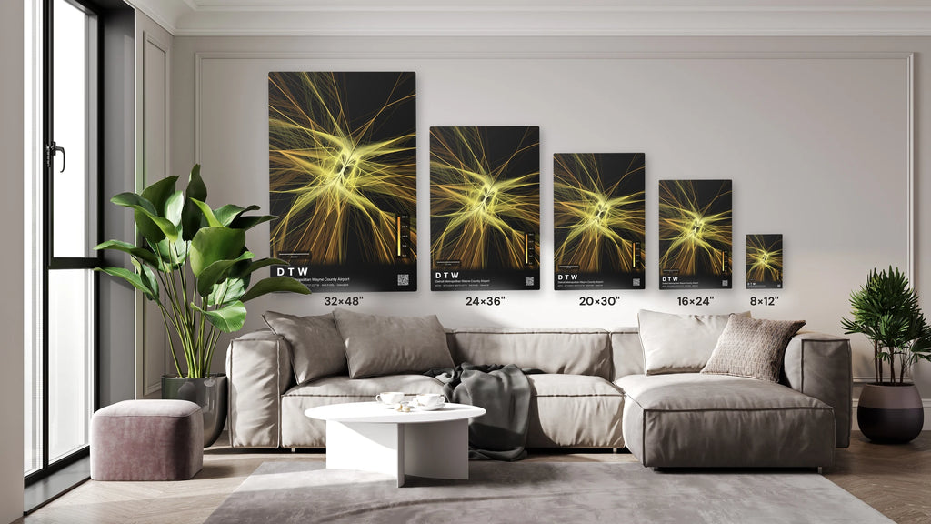 DTW flight path print — Solana theme · Dark size guide
