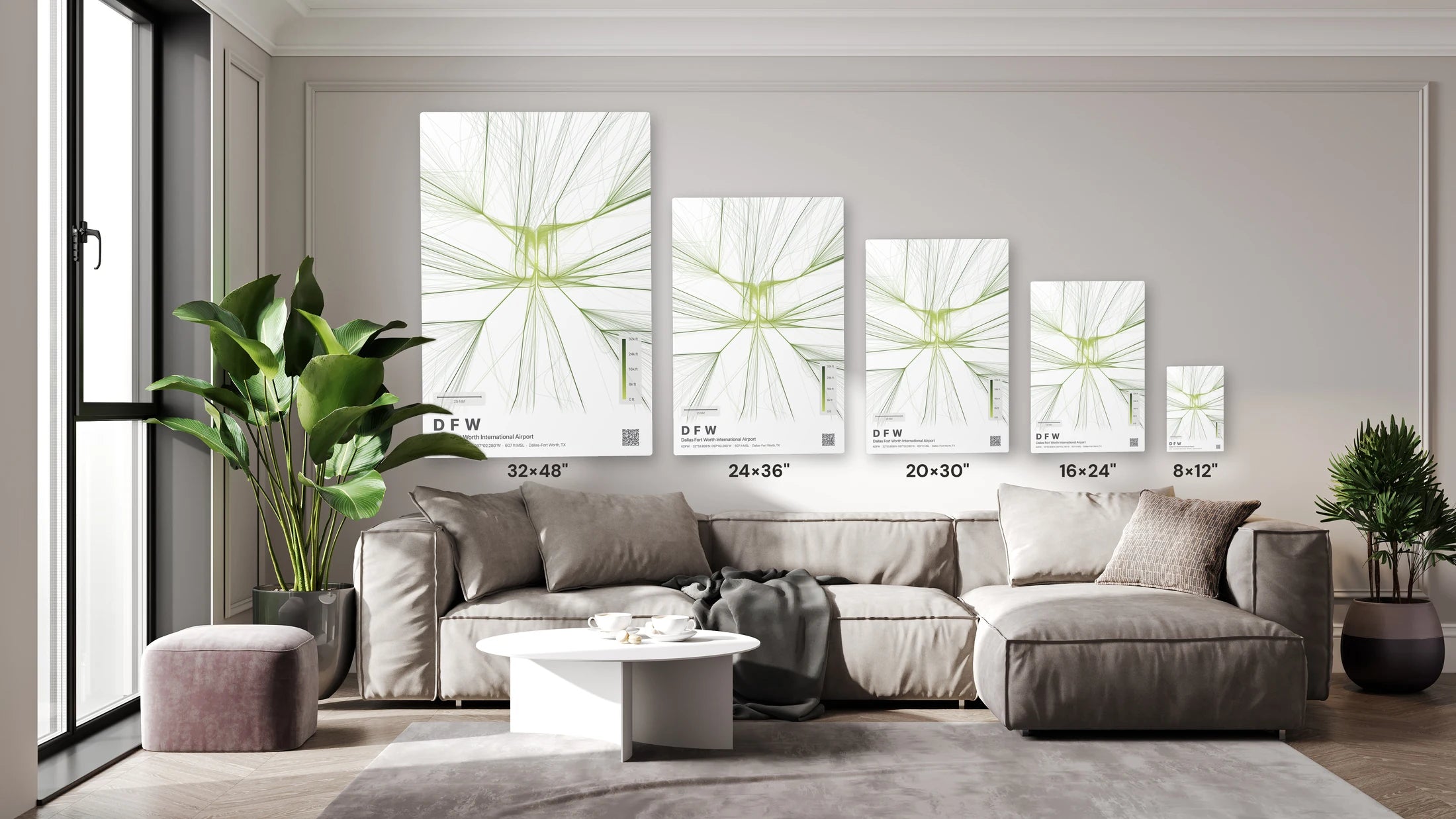 DFW flight path print — Citrus theme · Light size guide