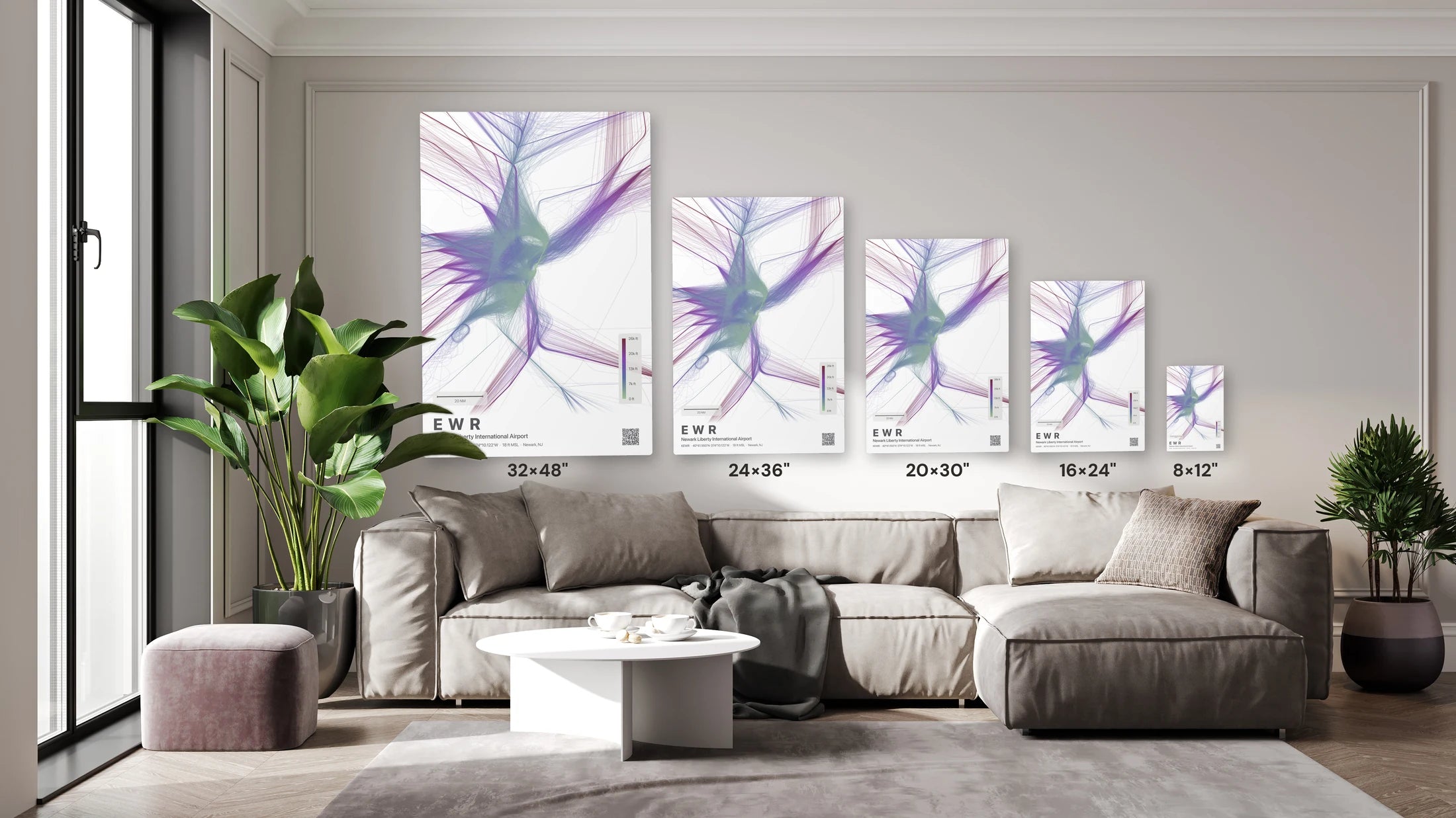 EWR flight path print — Prism theme · Light size guide