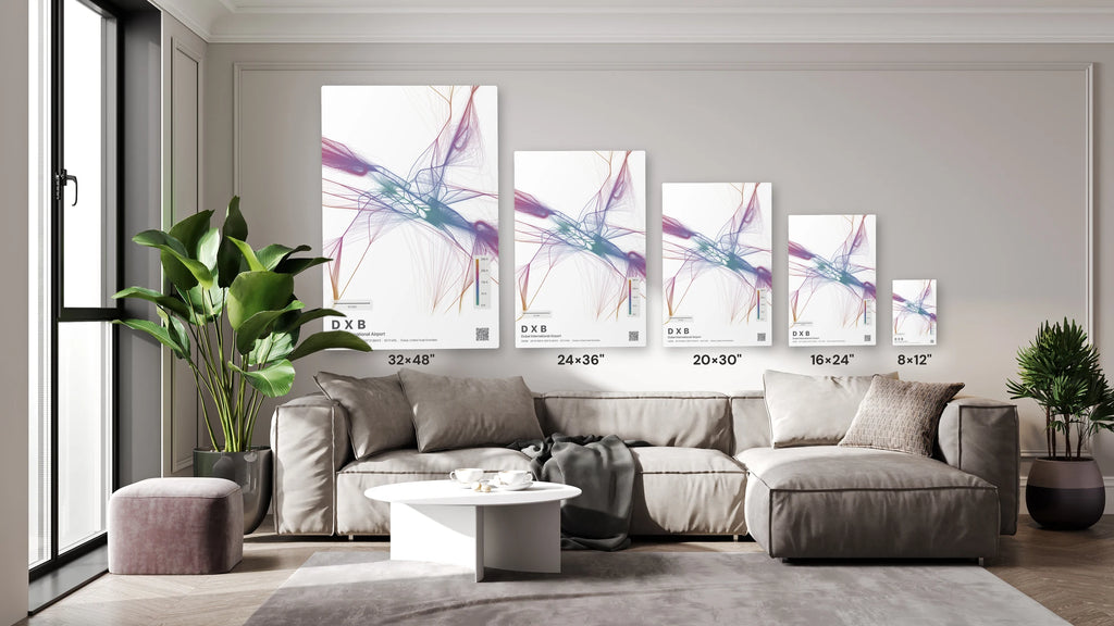 DXB flight path print — Aurora theme · Light size guide