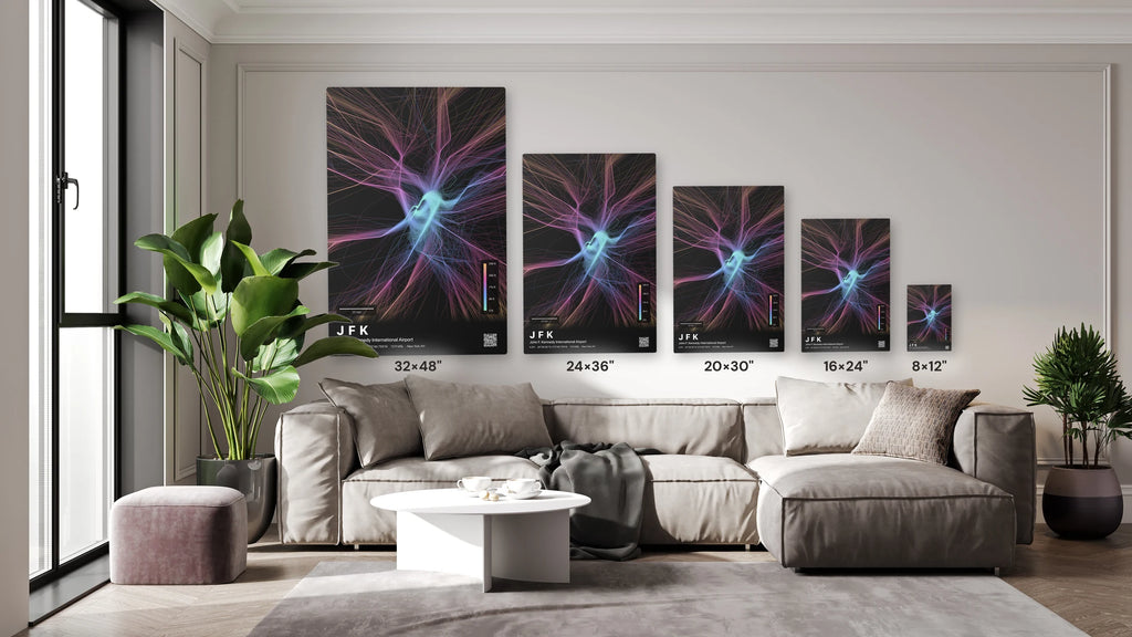 JFK flight path print — Aurora theme · Dark size guide