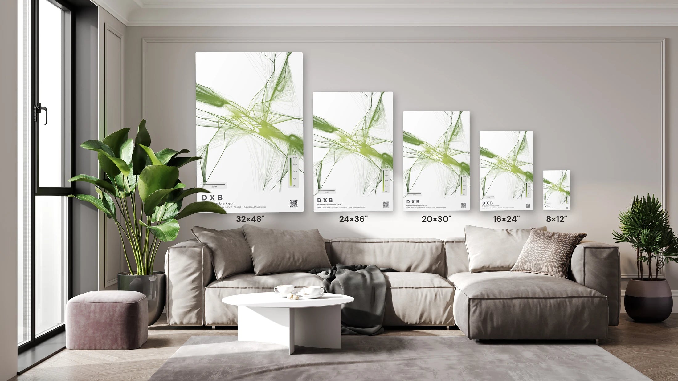 DXB flight path print — Citrus theme · Light size guide