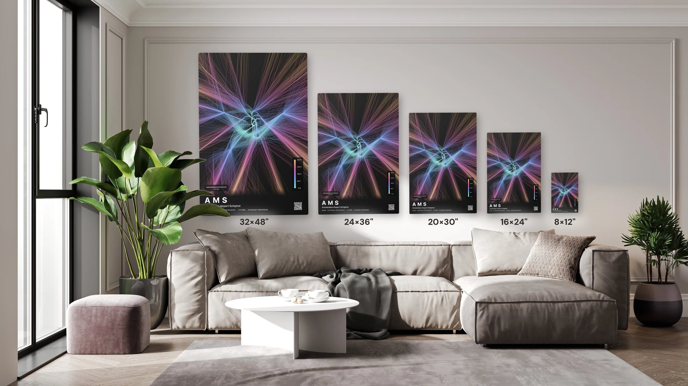 AMS flight path print — Aurora theme · Dark size guide