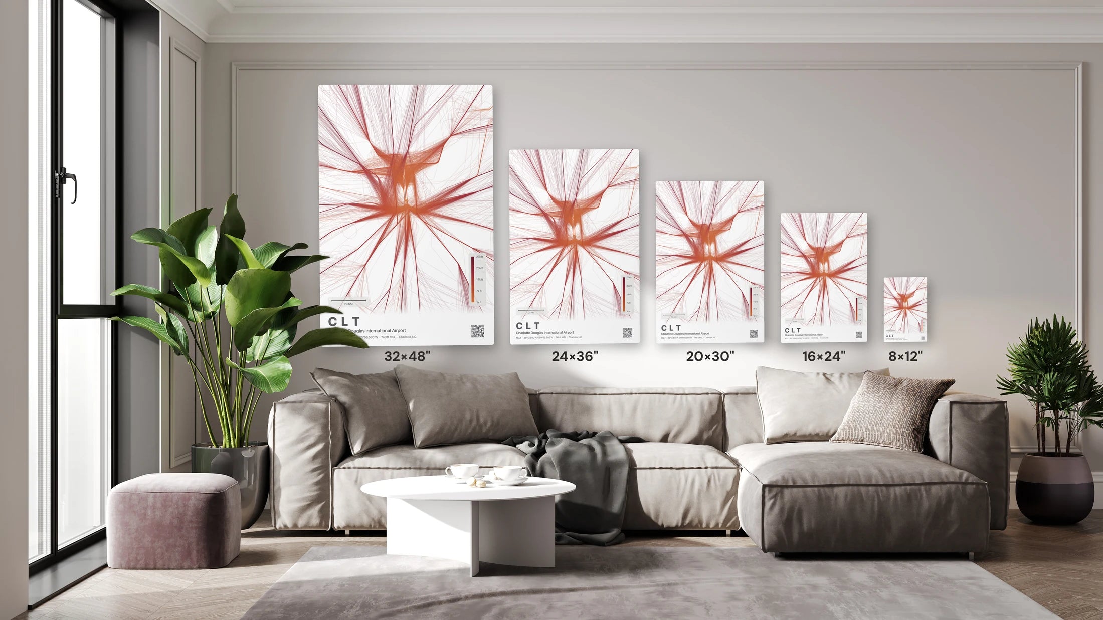 CLT flight path print — Inferno theme · Light size guide