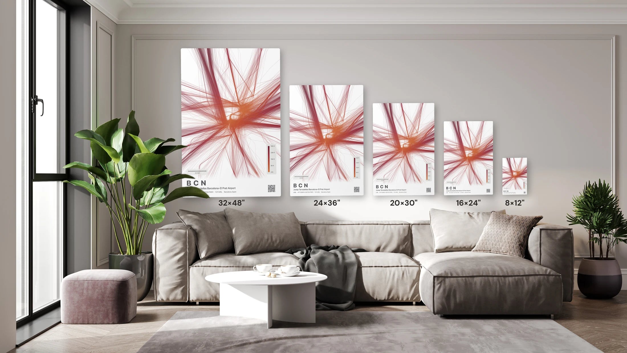 BCN flight path print — Inferno theme · Light size guide