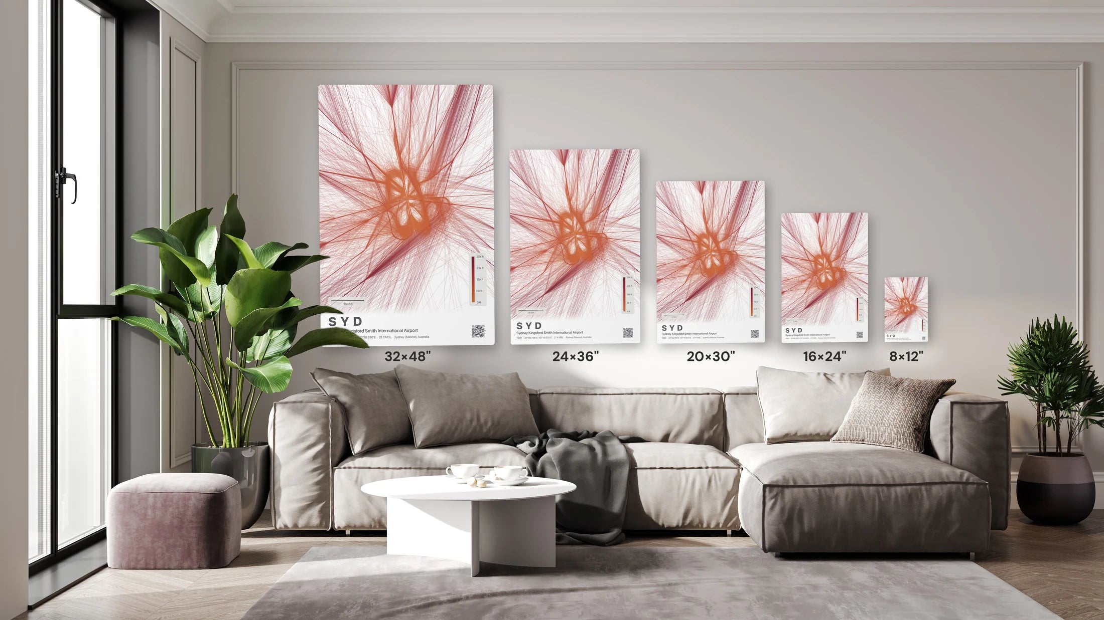 SYD flight path print — Inferno theme · Light size guide