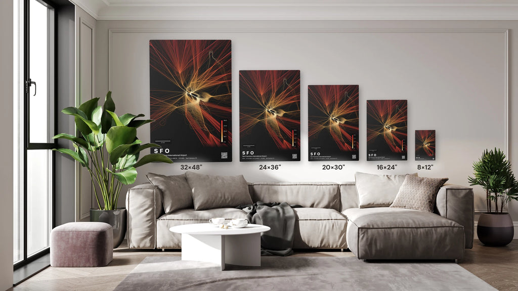 SFO flight path print — Inferno theme · Dark size guide