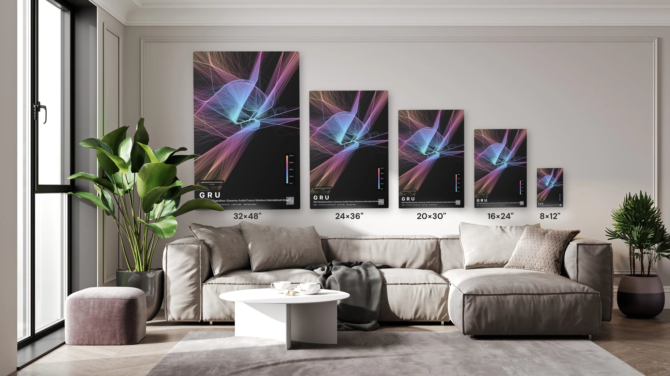 GRU flight path print — Aurora theme · Dark size guide