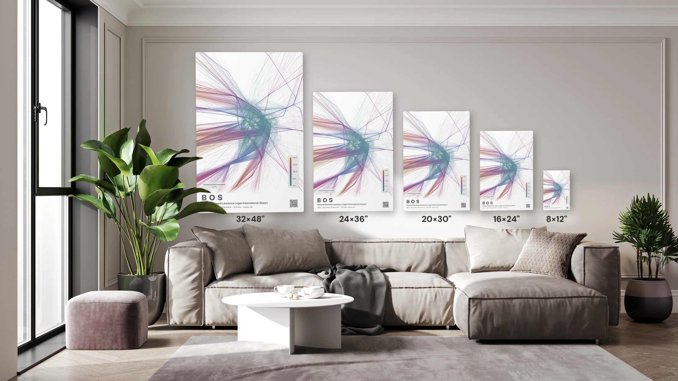BOS flight path print — Aurora theme · Light size guide