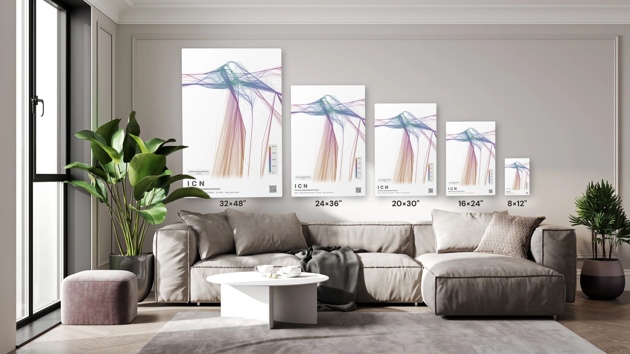ICN flight path print — Aurora theme · Light size guide
