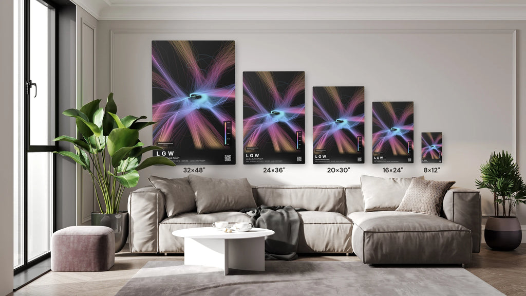 LGW flight path print — Aurora theme · Dark size guide