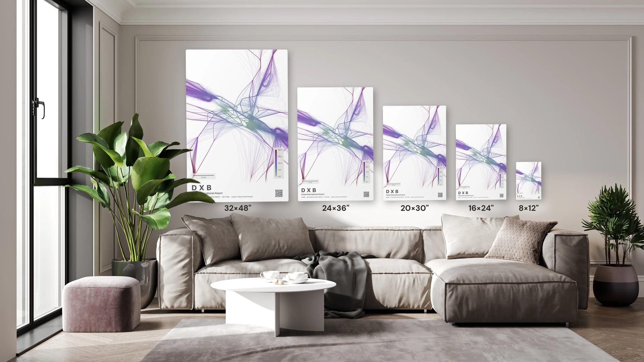 DXB flight path print — Prism theme · Light size guide