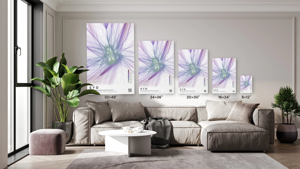 SYD flight path print — Prism theme · Light size guide