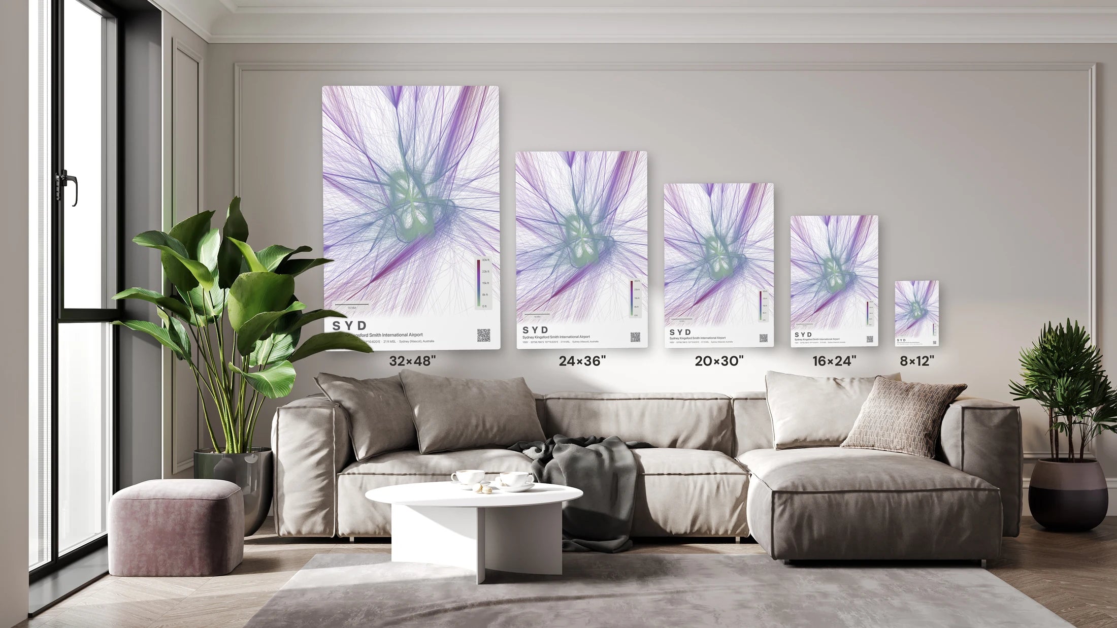 SYD flight path print — Prism theme · Light size guide