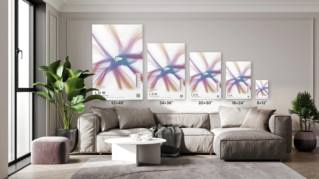 LGW flight path print — Aurora theme · Light size guide