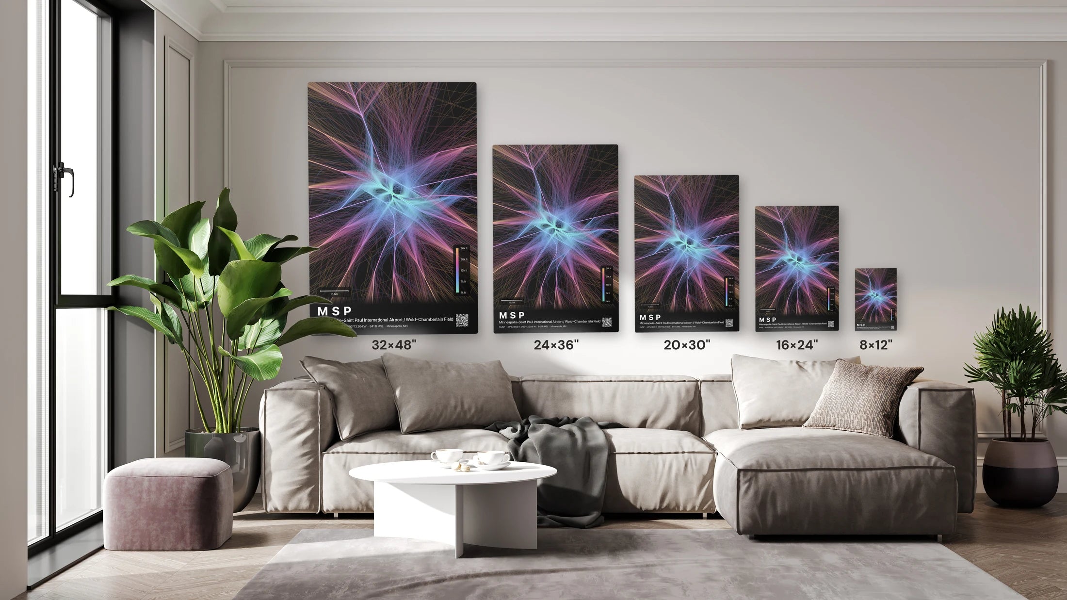 MSP flight path print — Aurora theme · Dark size guide